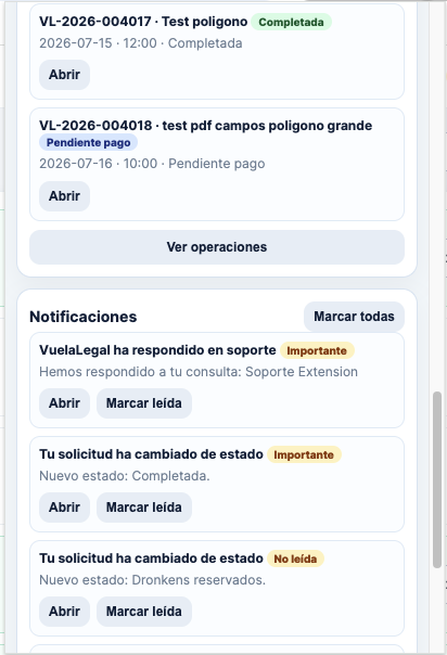 Pantalla de operaciones y notificaciones de la extensión VuelaLegal.es