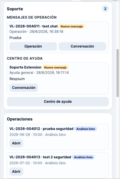 Pantalla de soporte y operaciones de la extensión VuelaLegal.es
